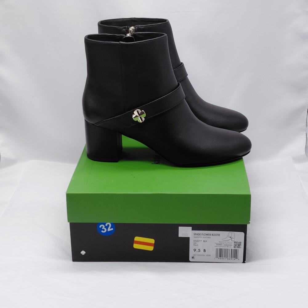 $248 NWT Kate Spade Womens Flower Bootie Size 9.5 Black Leather Ankle Boots